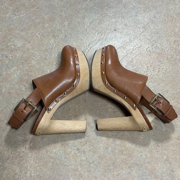 Michael Kors Beatrice Brown Leather Slingback Platform Clogs Studded Heels 6.5 - Picture 5 of 16